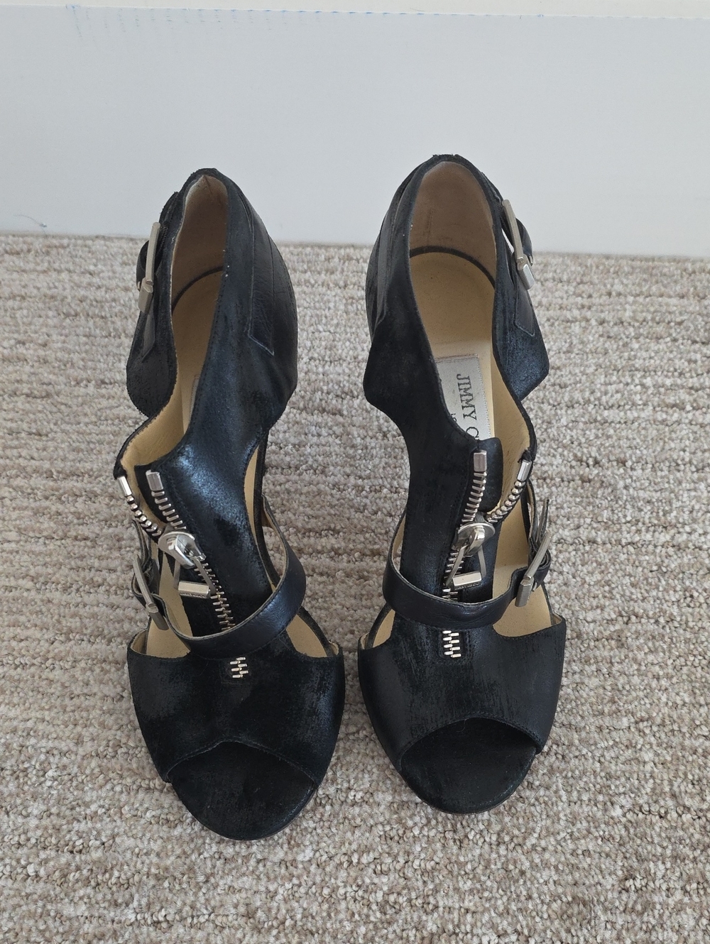 Jimmy Choo Black Suede Open-Toe Cutout Heels with Silver Hardware